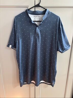 Mantra Men's Blue Short-Sleeve Henley Catalyst Polo with sharks. XL